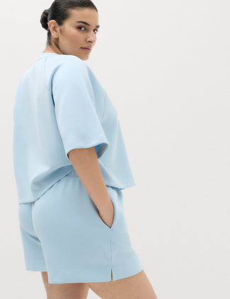 Modal Blend Sand Wash Relaxed High Waisted Shorts - Powder Blue Modal Blend Sand Wash Relaxed High Waisted Shorts - Powder Blue
