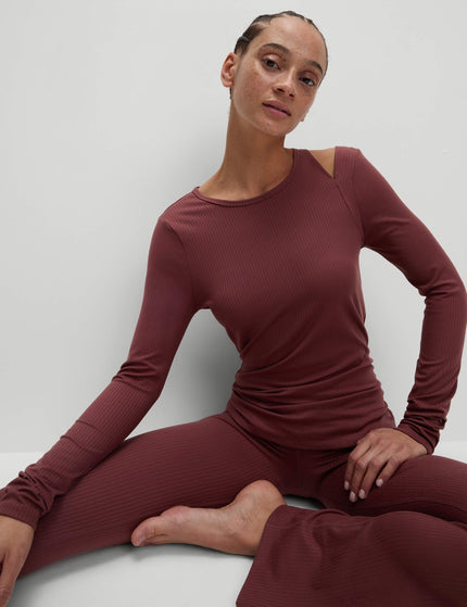 Goodmove Rib Cold Shoulder Fitted Yoga Top - Dark Taupeimages4- The Sports Edit