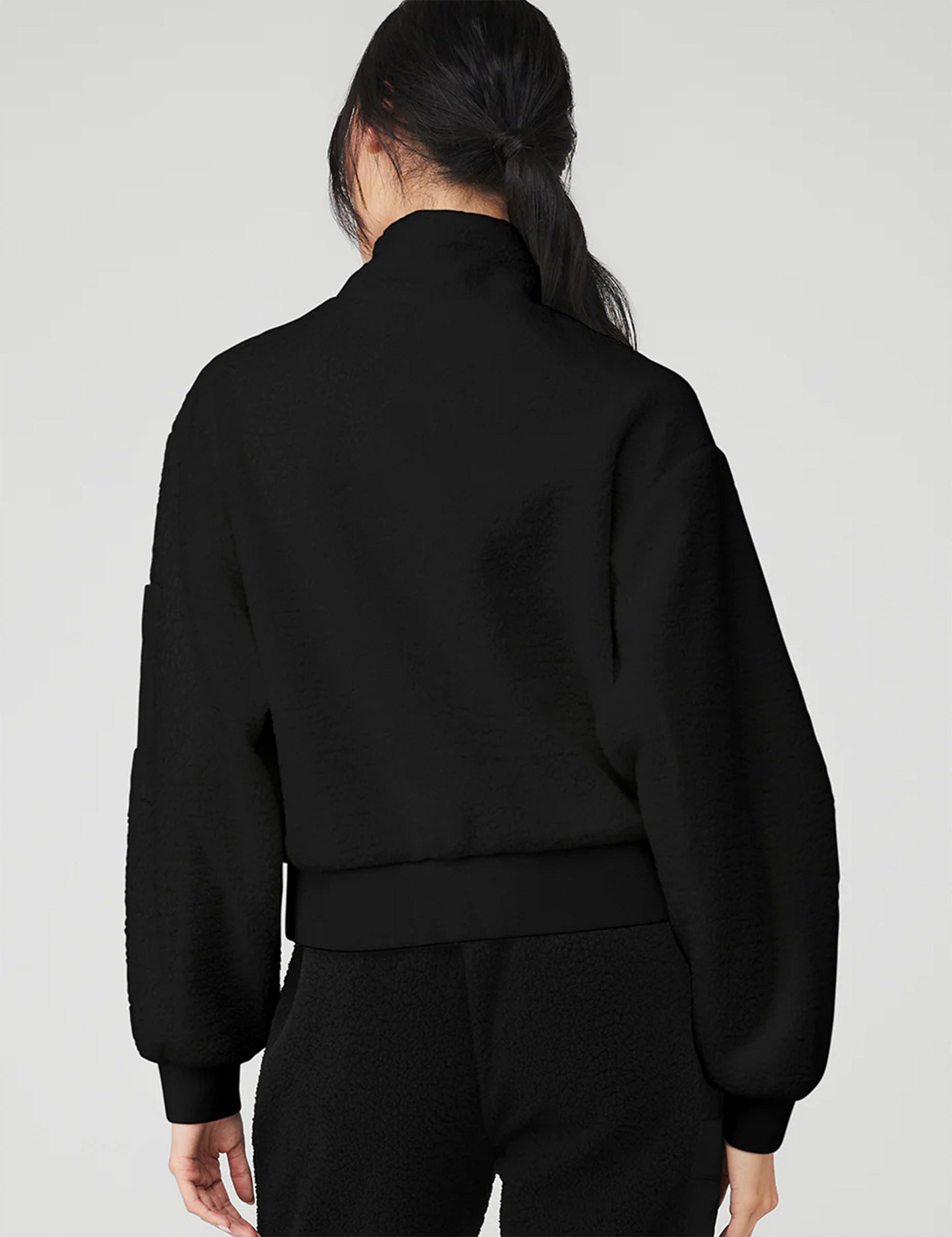 ALO Women's Yoga Solid Black Full Zip Flurry Sherpa Hoodie Jacket  Thumbholes Med