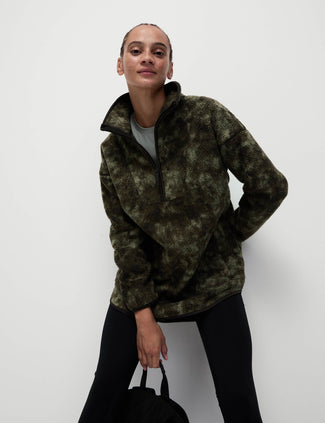 Borg Half Zip Longline Fleece Jacket - Khaki Mix