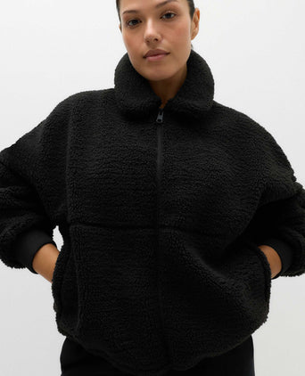 Borg Zip Up Funnel Neck Fleece Jacket - Black
