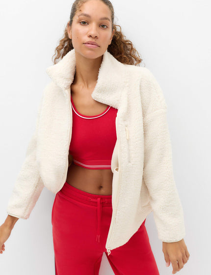 Borg Zip Up Longline Fleece Jacket - Ecru