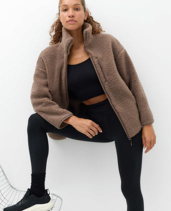 Borg Zip Up Longline Fleece Jacket - Soft Brown