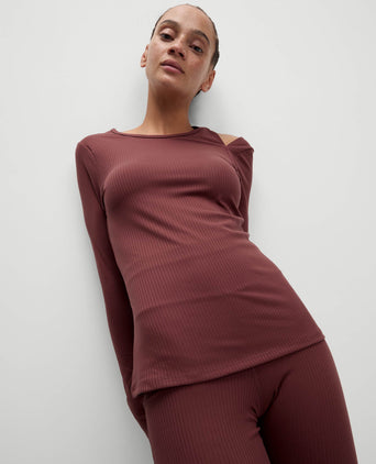 Rib Cold Shoulder Fitted Yoga Top - Dark Taupe