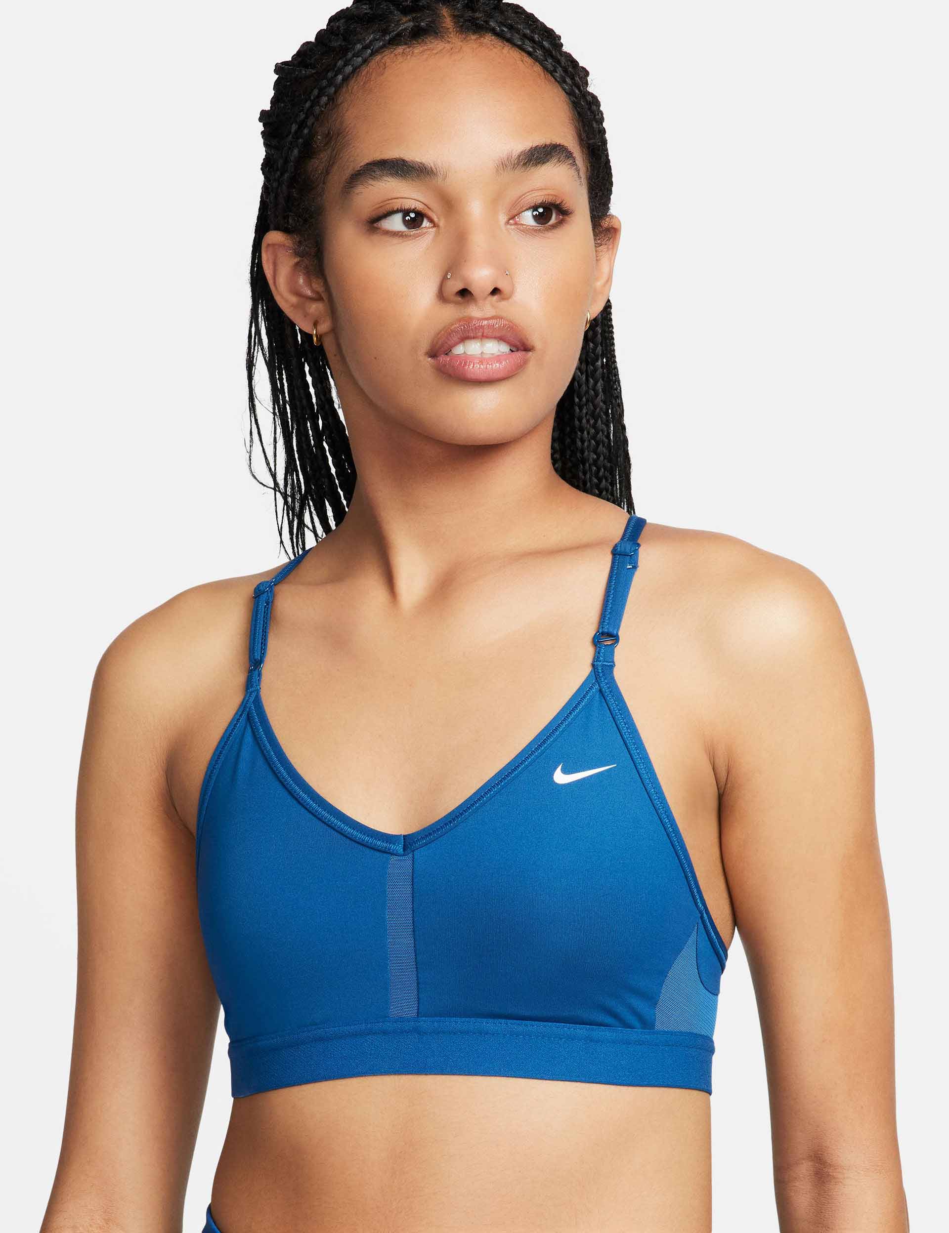 Nike Training Dri-FIT Indy v-neck light-support padded sports bra in white, CZ4456-100