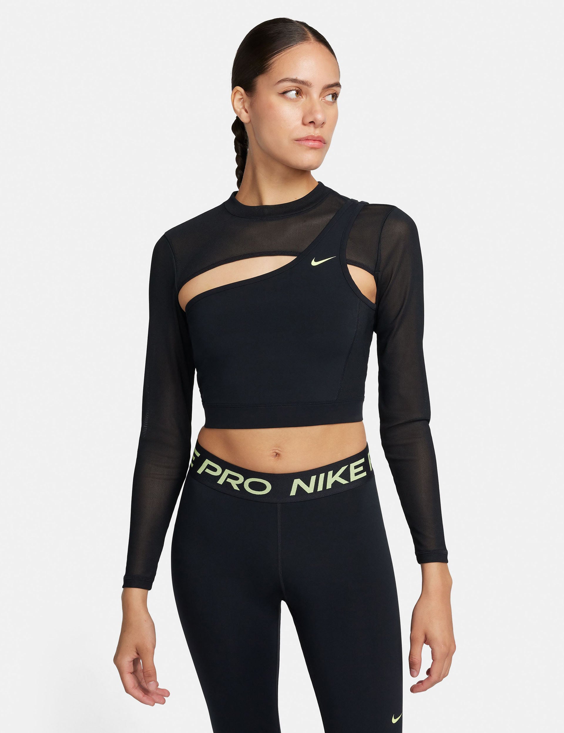 Nike, Pro Long-Sleeve Cropped Top - Black/Lemon