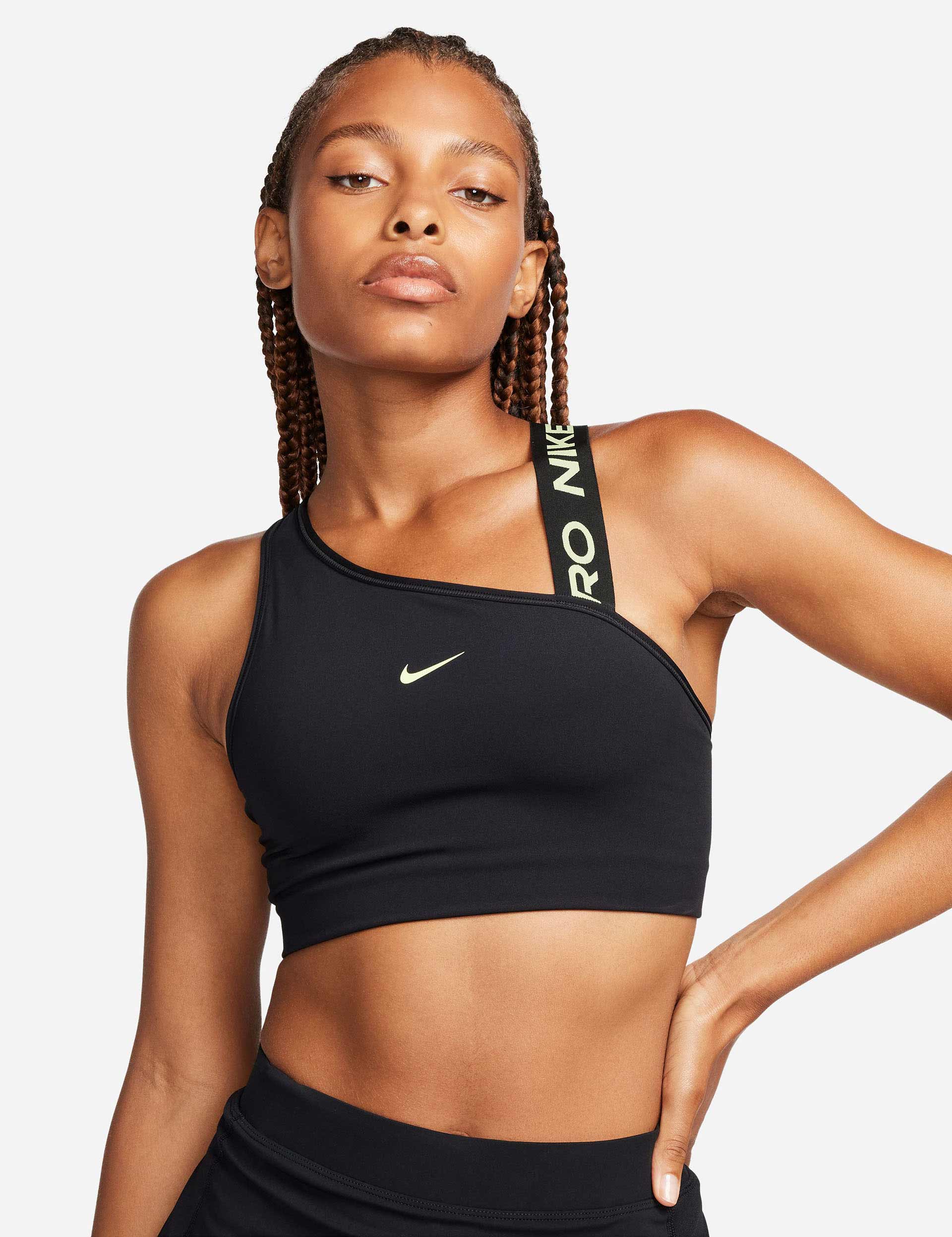 Nike Training Swoosh Dri-FIT asymmetric glitter printed medium support sports  bra in black