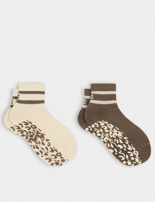 Animal Print Mini Pilates Crew Gripper 2 Pack - Khaki Brown/Pebble Beige