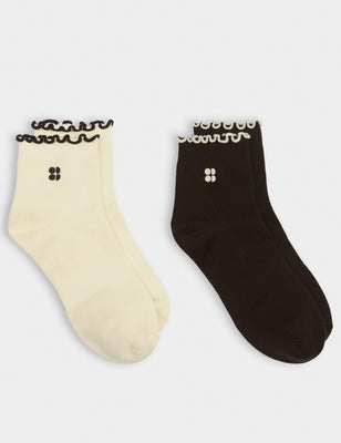 Frill Mini Crew Sock 2 Pack - Creme Beige/Sable Brown