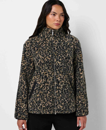 Plush Fleece Contrast Zip Up - Brown Ink Leopard Print