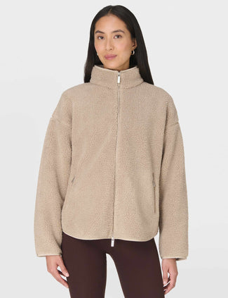 Plush Textured Zip Up Fleece - Dusk Beige