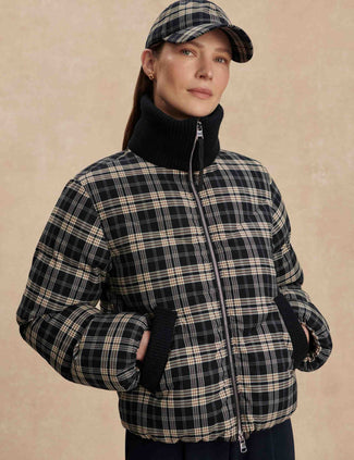 Bryony Short Puffer Jacket - Navy Check