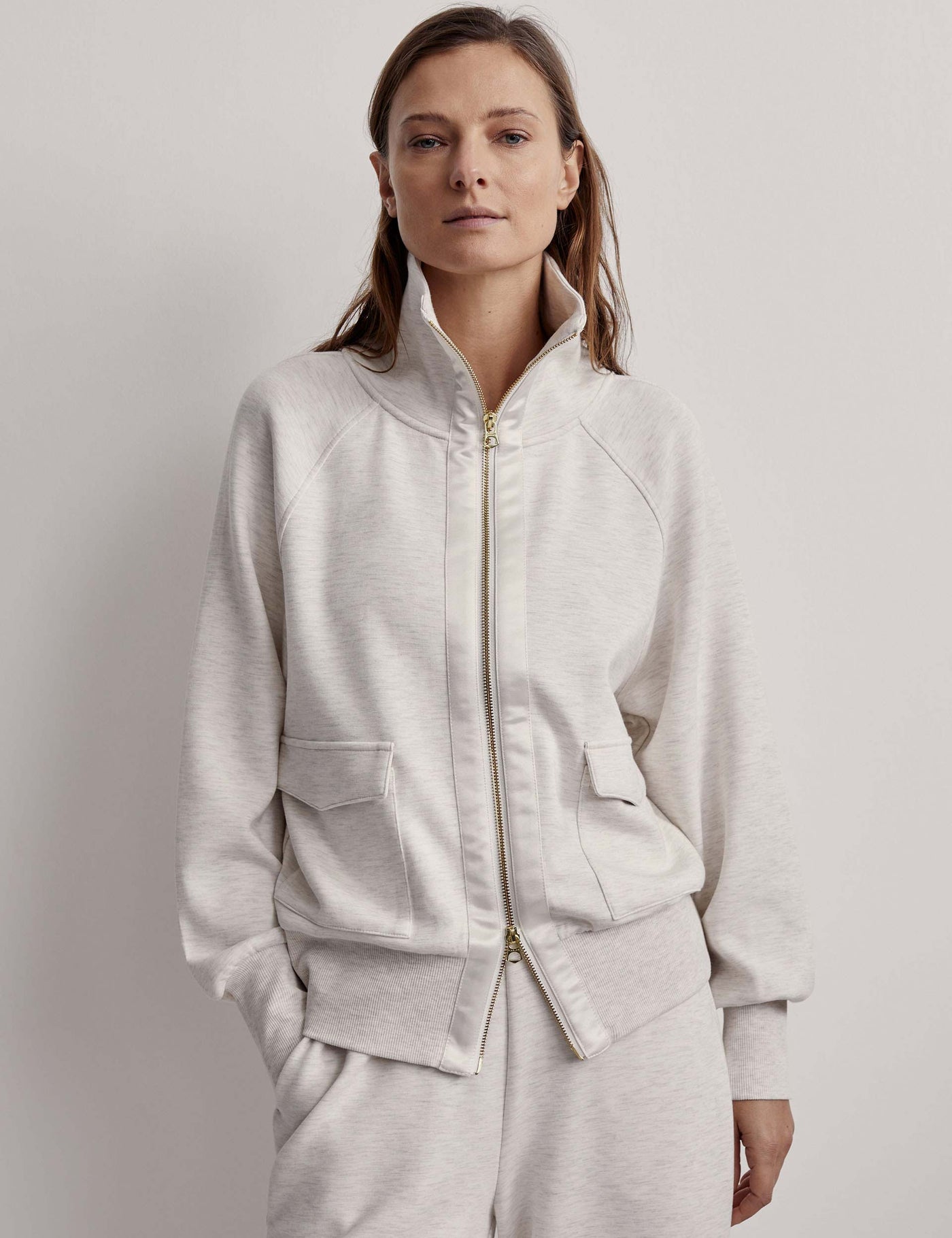 Varley | Roxbury Zip-Through Sweat - Ivory Marl | The Sports Edit