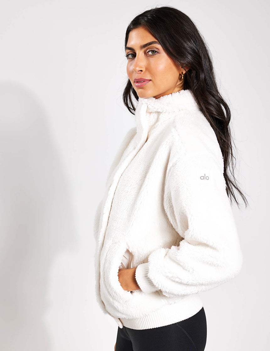 Alo Yoga Sherpa Varsity Jacket Ivory The Sports Edit