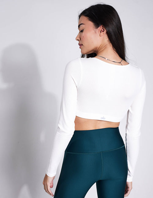 Alo Yoga Ribbed Define Long Sleeve Bra Ivory The Sports Edit